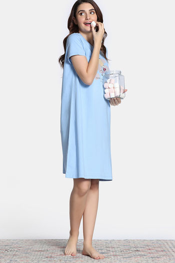 Buy Zivame Farm Lore Knit Cotton Knee Length Nightdress - Sky Blue